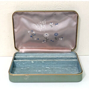 Vintage Farrington Jewelry Box Hinged Genuine Felt Lined Green Floral‎